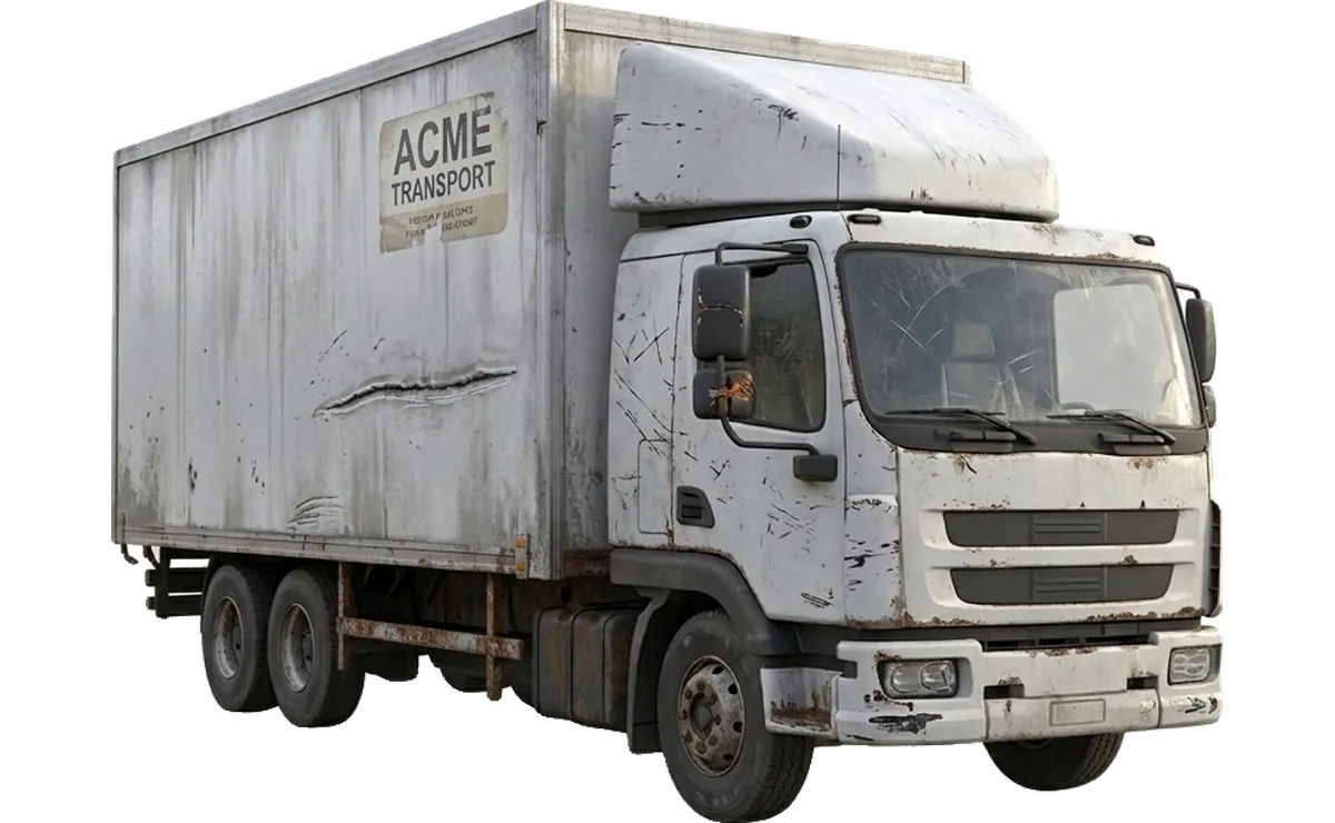 A weathered white box truck