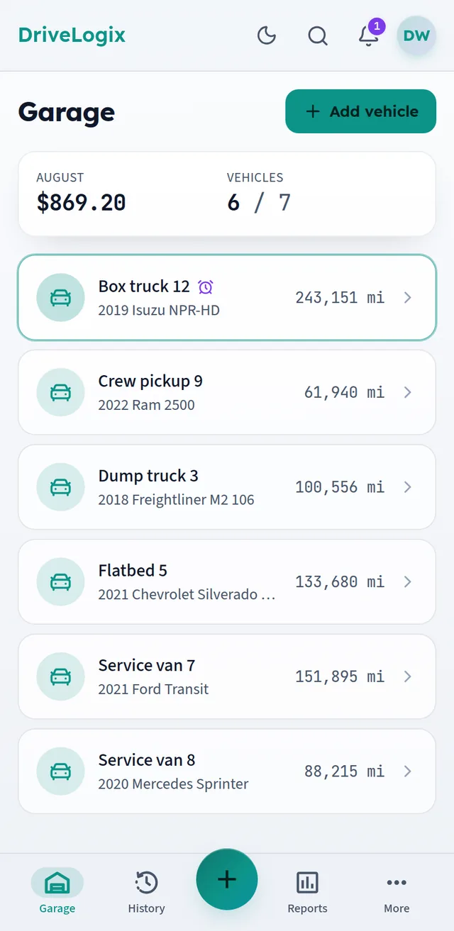 Garage screen listing six work vehicles, each with its current odometer reading