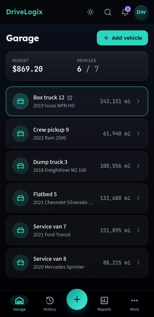Garage screen listing six work vehicles, each with its current odometer reading