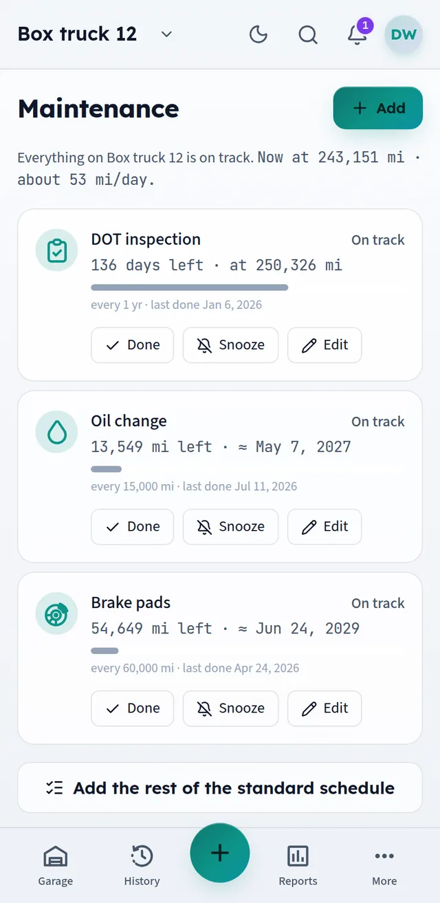 Maintenance screen with miles remaining and projected due dates