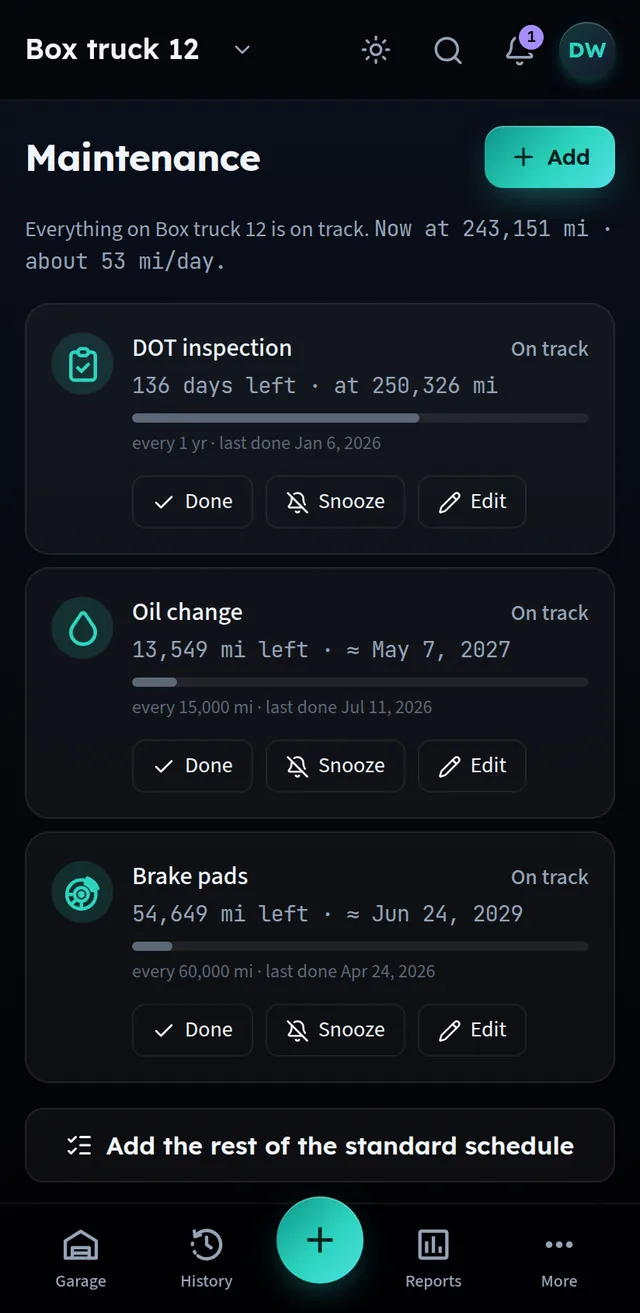 Maintenance screen with miles remaining and projected due dates