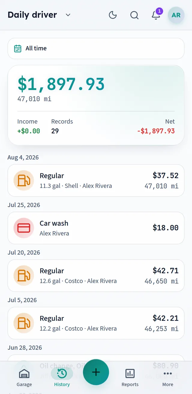 History screen: all-time spending summary with income and net, over colour-coded fuel, service and expense records