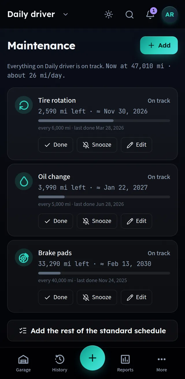 Maintenance screen: tire rotation, oil change and brake pads with miles remaining, projected due dates and progress bars